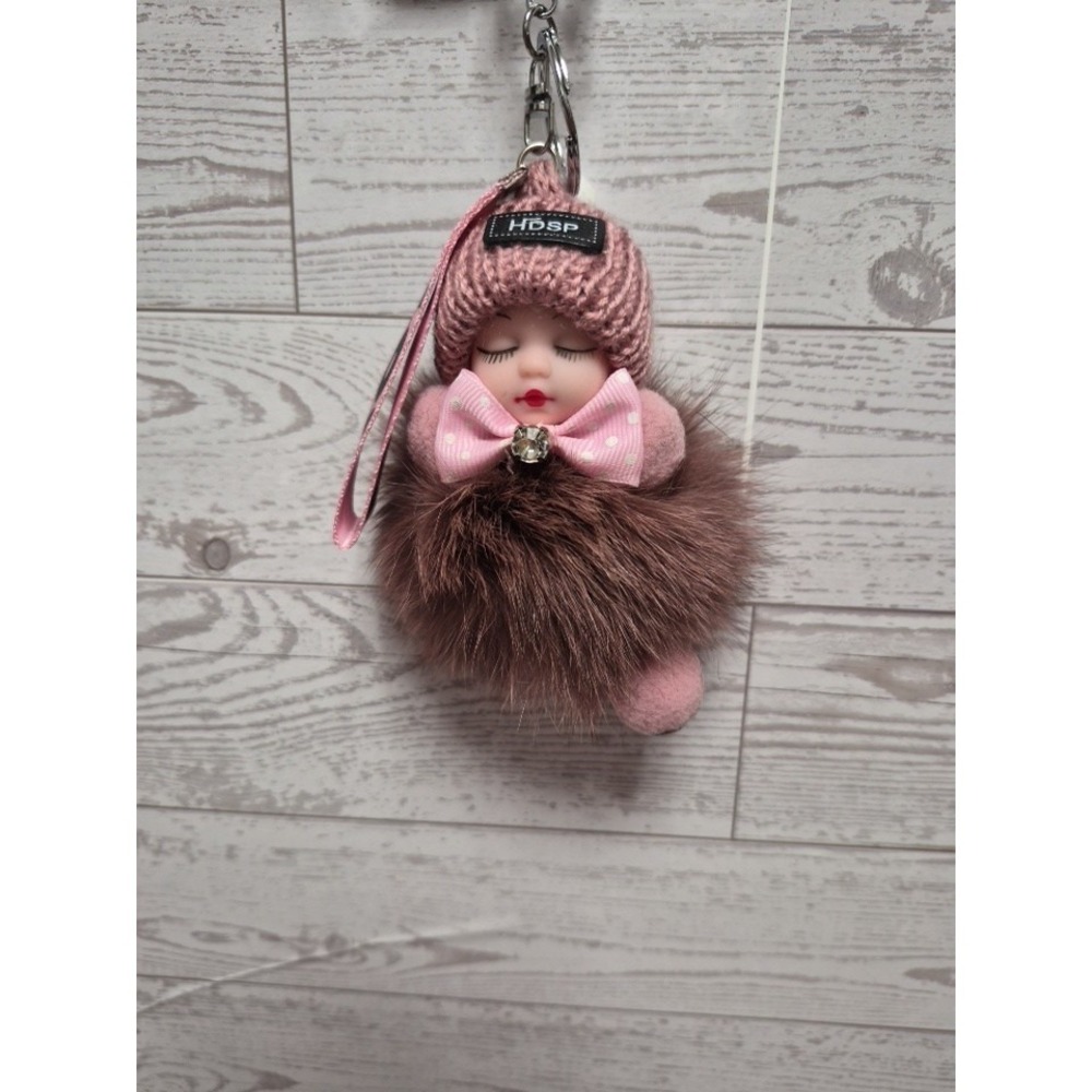 Cute Fluffy Pom Pom Plush Keychain Sleeping Baby Doll Bag Charm Gift for Women